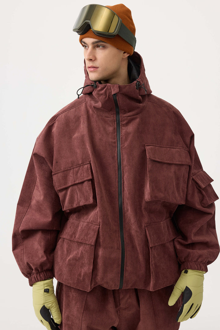 Men's Brick Red Waterproof Corduroy Batwing Sleeve Large Pocket Snow Jacket