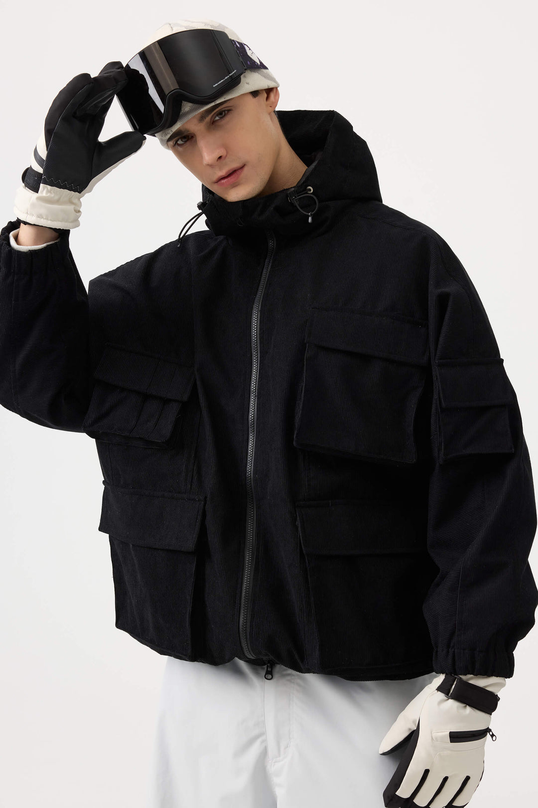 Men's Black Waterproof Corduroy Batwing Sleeve Large Pocket Snow Jacket