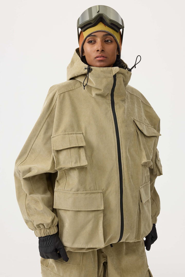 Women's Off White Waterproof Corduroy Batwing Sleeve Large Pocket Snow Jacket