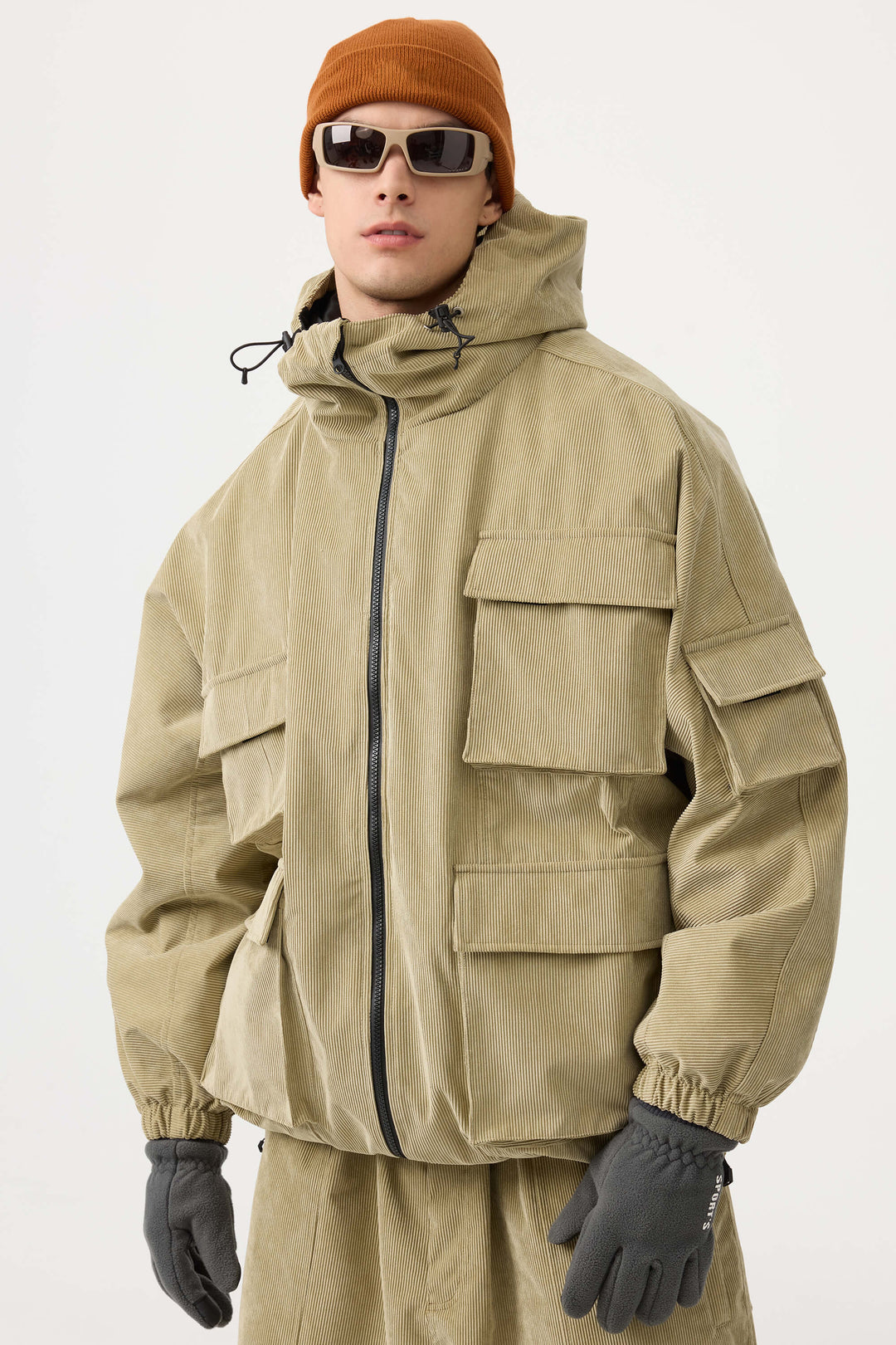 Men's Off White Waterproof Corduroy Batwing Sleeve Large Pocket Snow Jacket