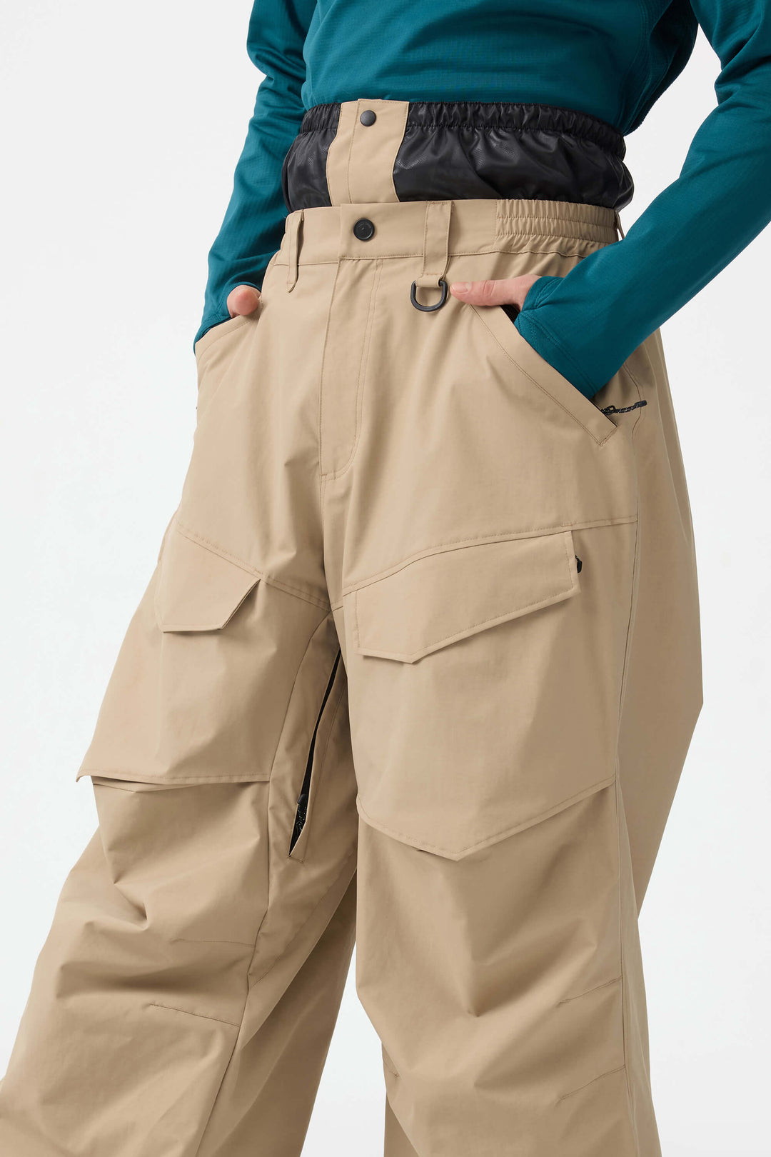 Men's Beige Baggy Utility Wear-resistant Snow Pants