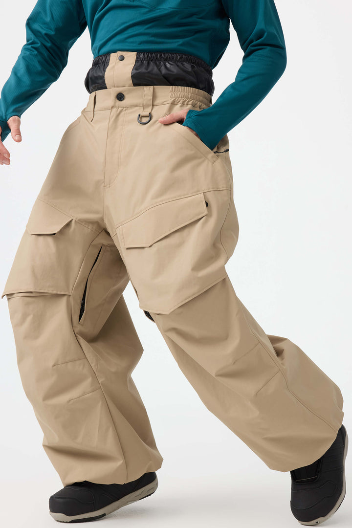 Men's Beige Baggy Utility Wear-resistant Snow Pants