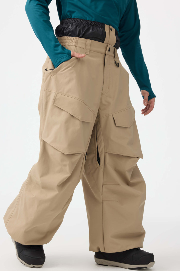 Men's Beige Baggy Utility Wear-resistant Snow Pants