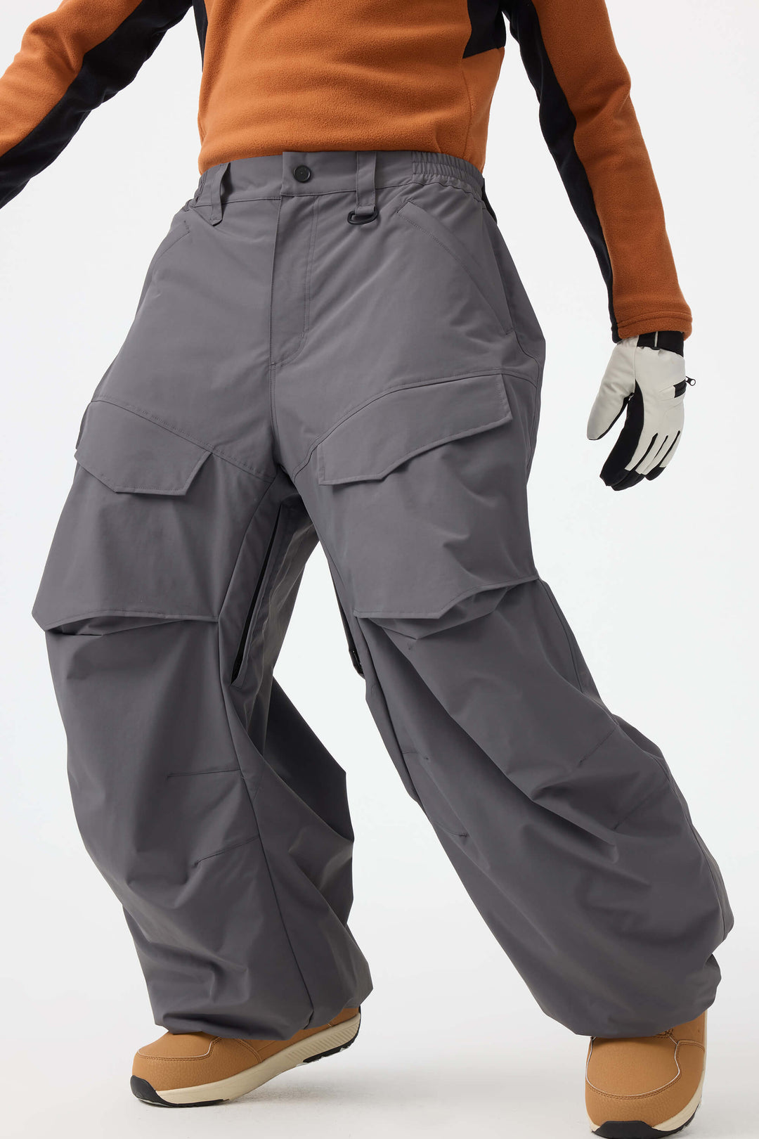 Men's Beige Baggy Utility Wear-resistant Snow Pants