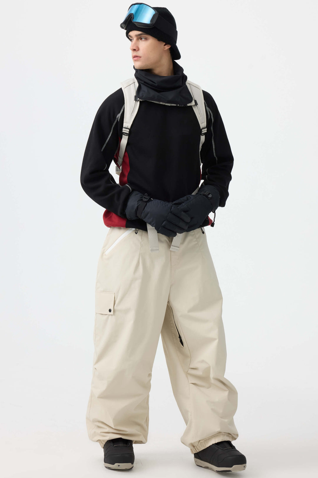 Men's Beige Baggy Wear-resistant Waterproof Snow Pants