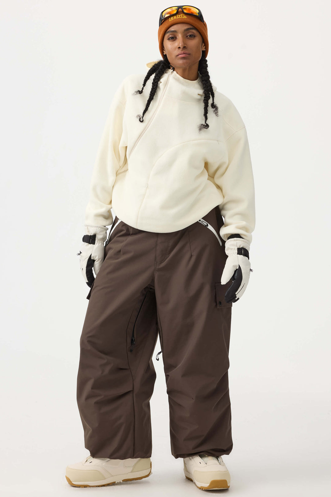 Women's Beige Baggy Wear-resistant Waterproof Snow Pants