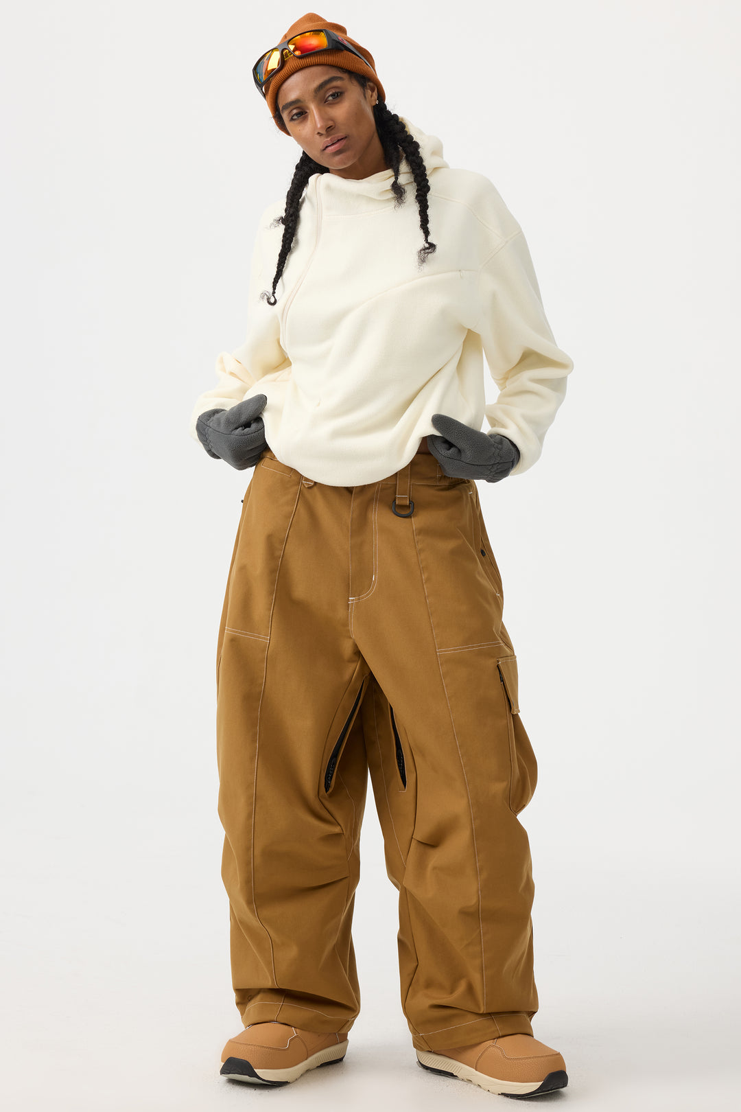 Women's Beige Baggy Oxford Wear-resistant Snow Pants