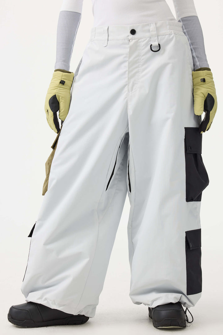 Women's White Baggy Multi-Pocket Color-Block Snow Pants