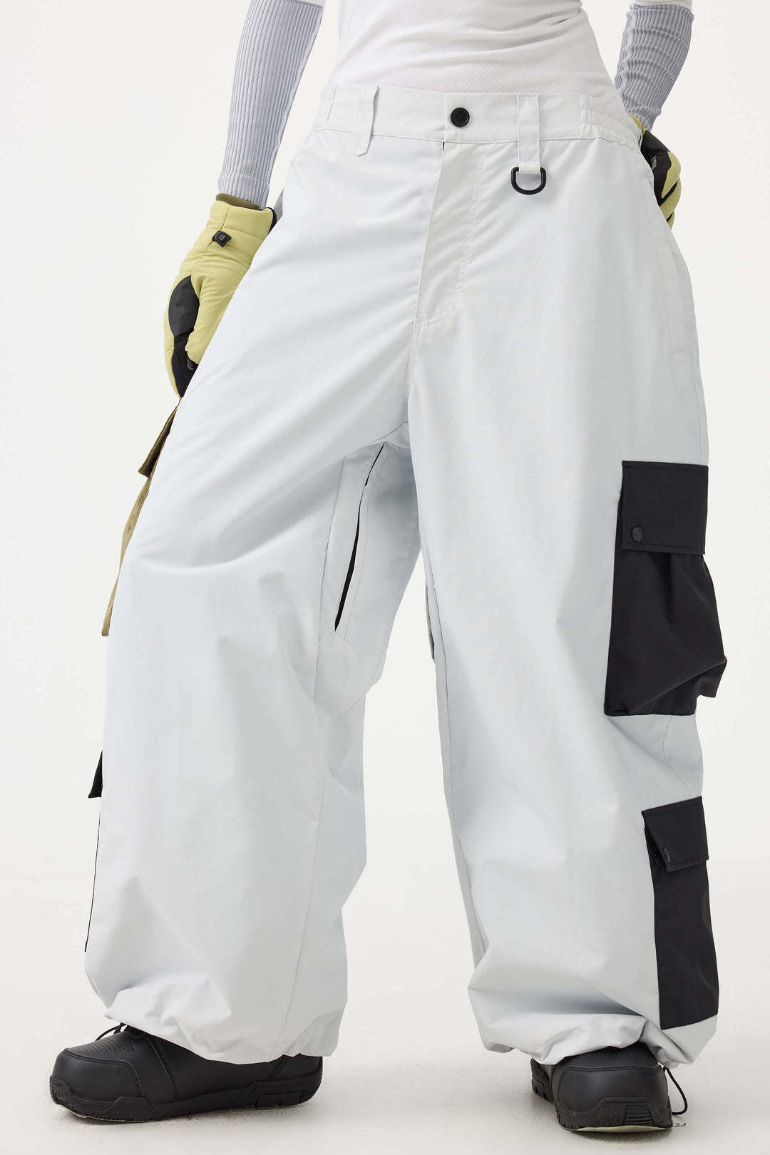 Women's White Baggy Multi-Pocket Color-Block Snow Pants