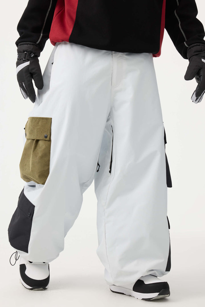 Men's White Baggy Multi-Pocket Color-Block Snow Pants