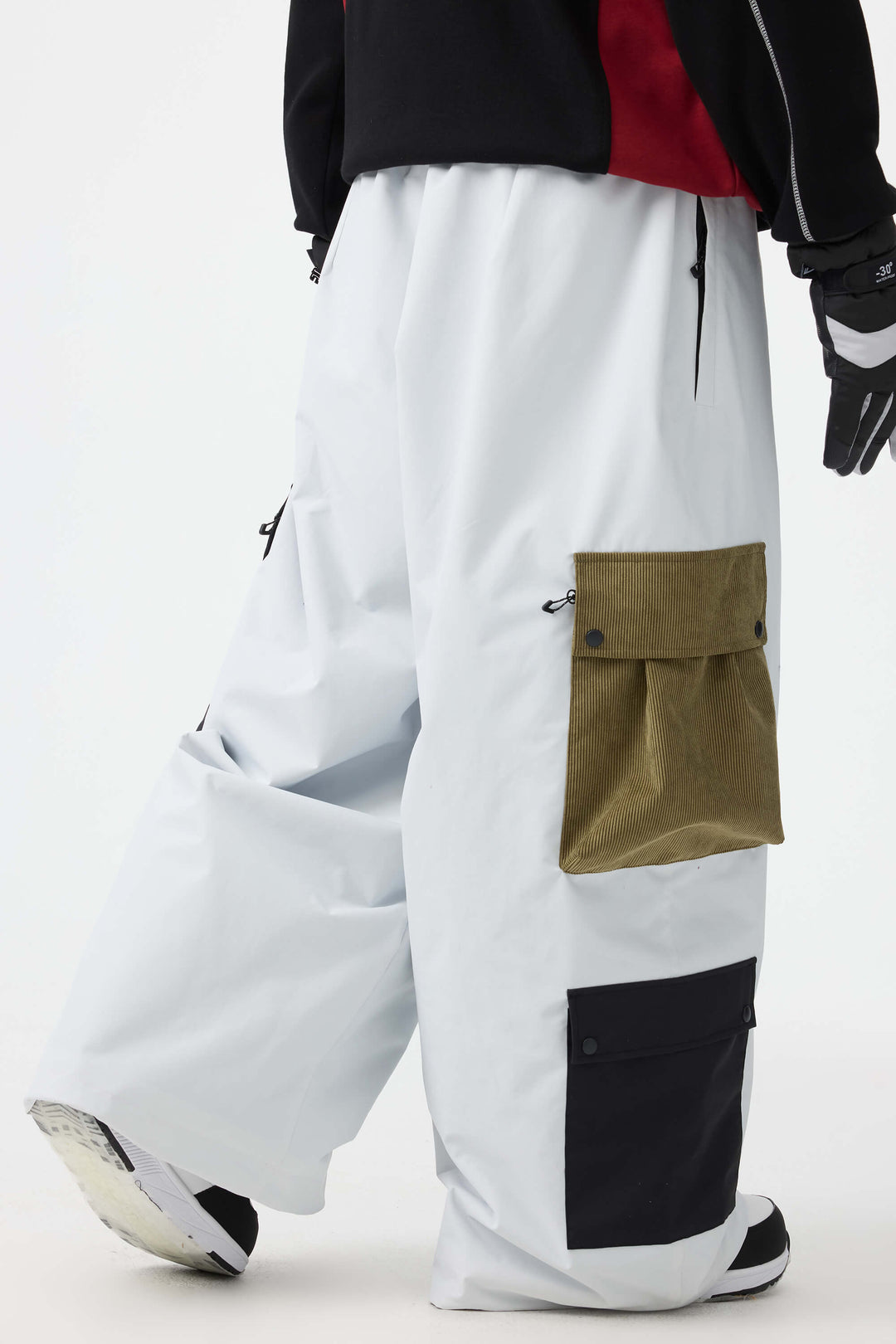 Men's White Baggy Multi-Pocket Color-Block Snow Pants