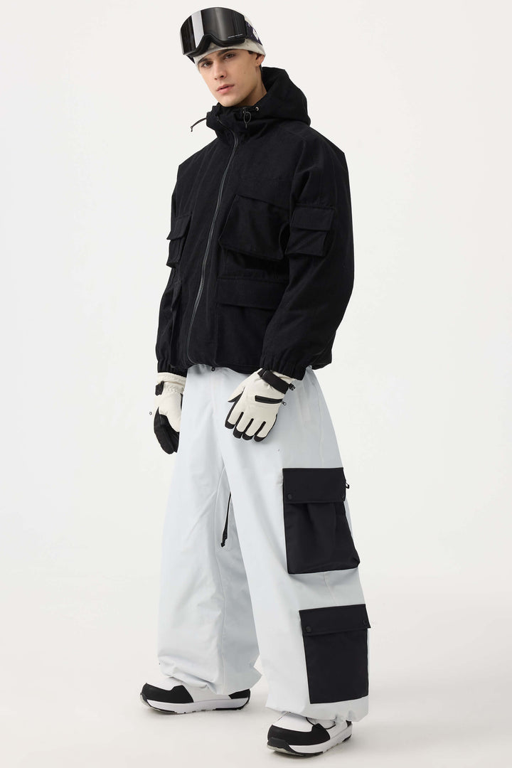 Men's White Baggy Multi-Pocket Color-Block Snow Pants