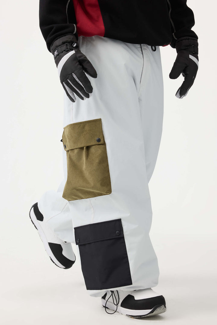 Men's White Baggy Multi-Pocket Color-Block Snow Pants