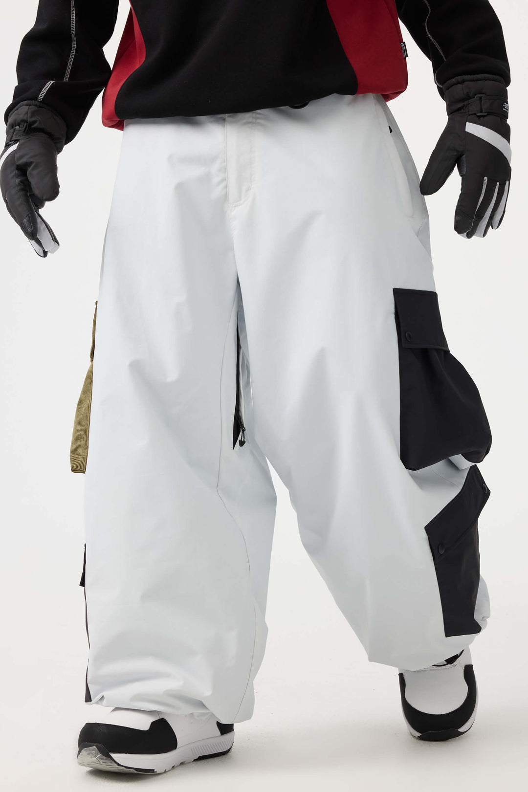 Men's White Baggy Multi-Pocket Color-Block Snow Pants