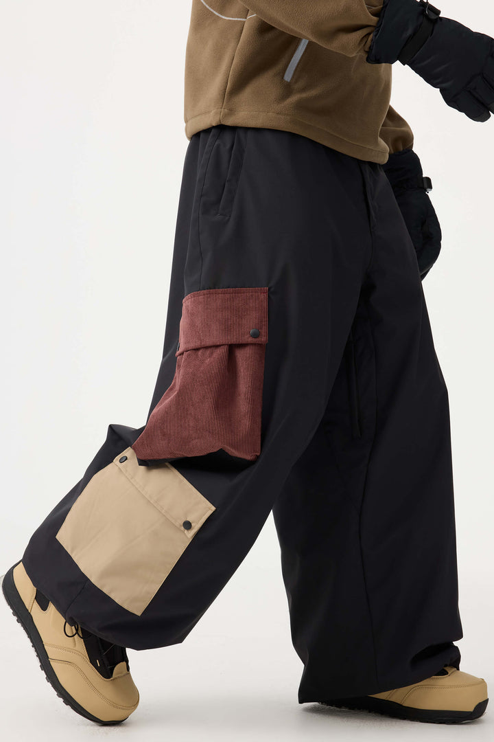 Men's Khaki Baggy Multi-Pocket Color-Block Snow Pants