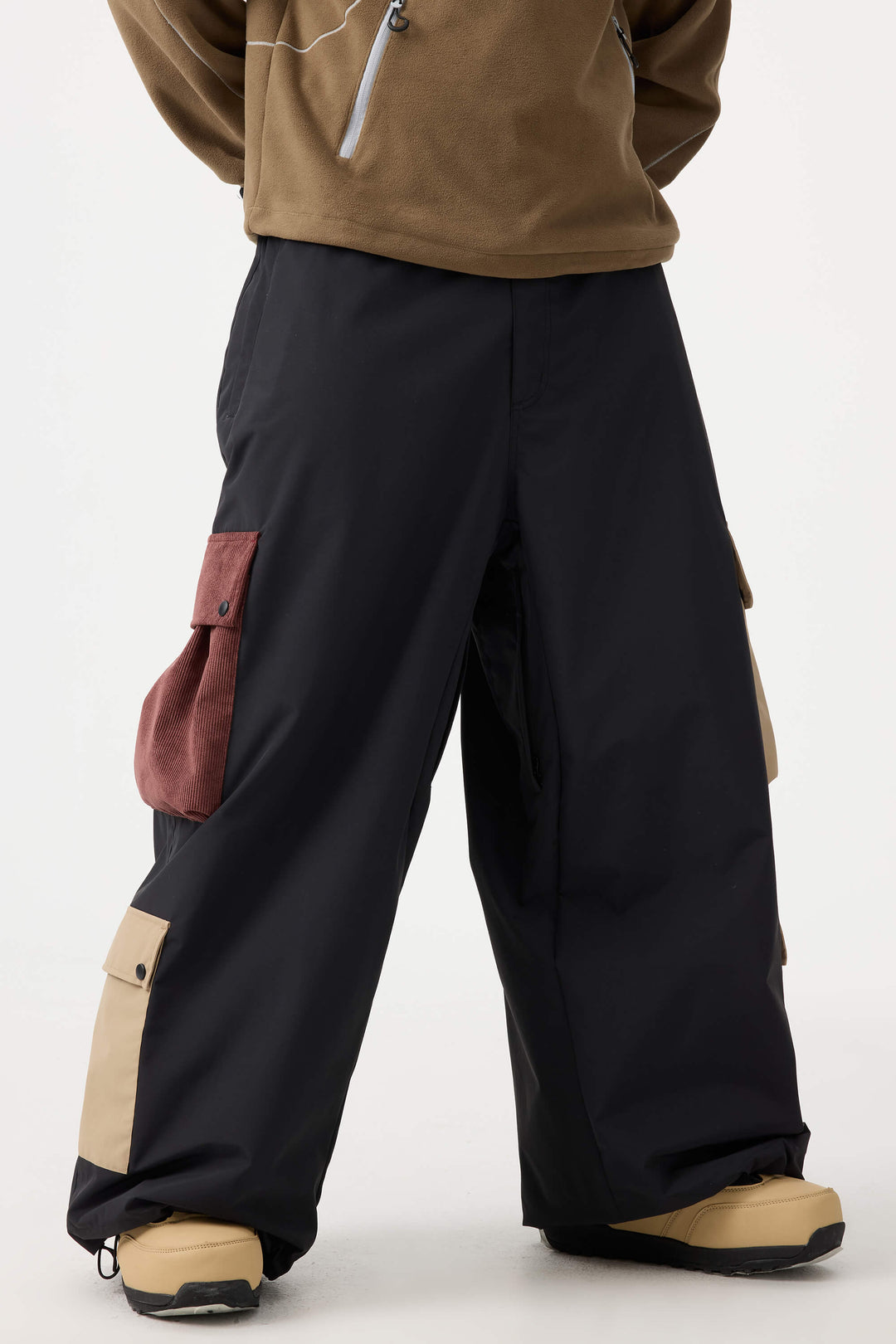 Men's Khaki Baggy Multi-Pocket Color-Block Snow Pants