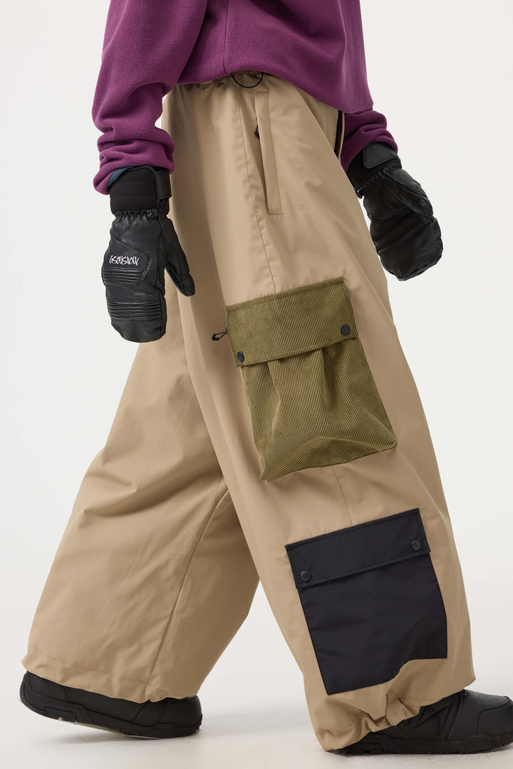 Women's Khaki Baggy Multi-Pocket Color-Block Snow Pants