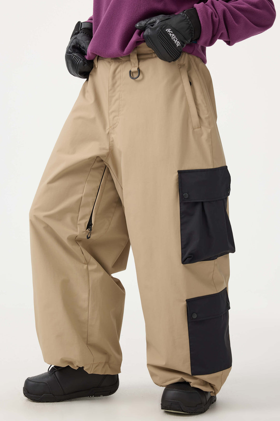 Women's Khaki Baggy Multi-Pocket Color-Block Snow Pants