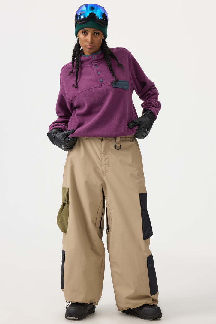 Women's Khaki Baggy Multi-Pocket Color-Block Snow Pants