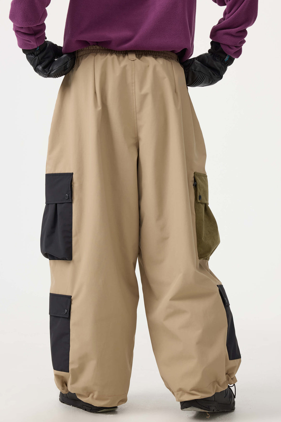 Women's Khaki Baggy Multi-Pocket Color-Block Snow Pants