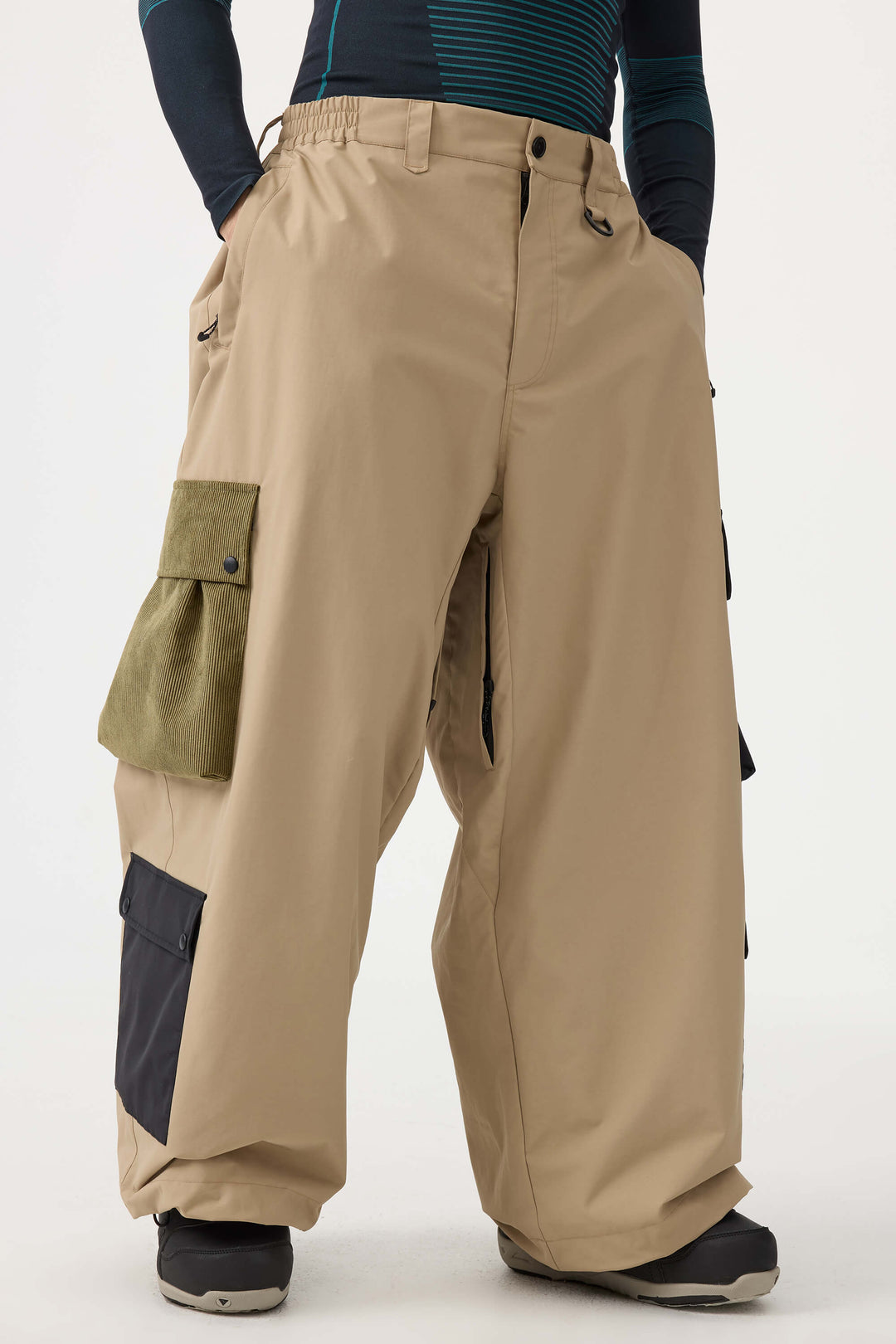 Men's Khaki Baggy Multi-Pocket Color-Block Snow Pants