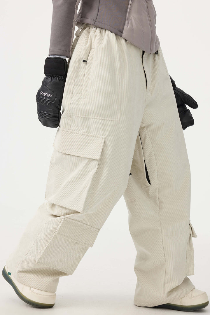 Women's Black Baggy Multi-Pocket Corduroy Snow Pants