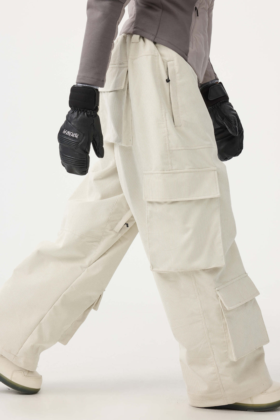 Women's Beige Baggy Multi-Pocket Corduroy Snow Pants