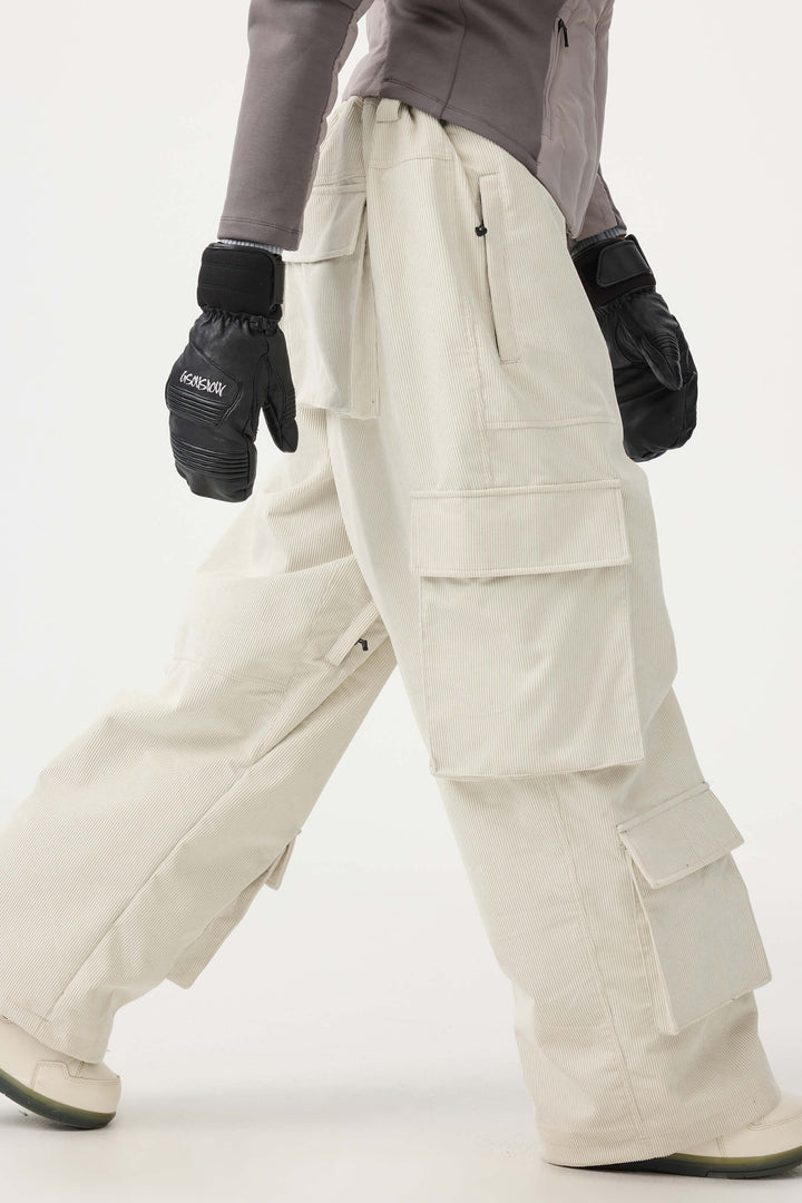 Women's Beige Baggy Multi-Pocket Corduroy Snow Pants