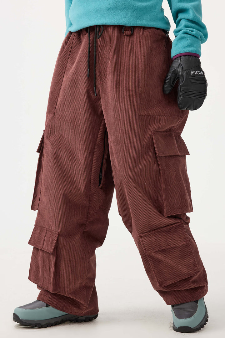 Women's Khaki Baggy Multi-Pocket Corduroy Snow Pants