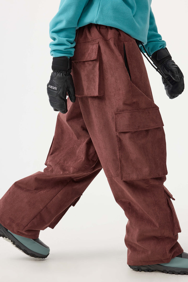 Women's Burgundy Baggy Multi-Pocket Corduroy Snow Pants