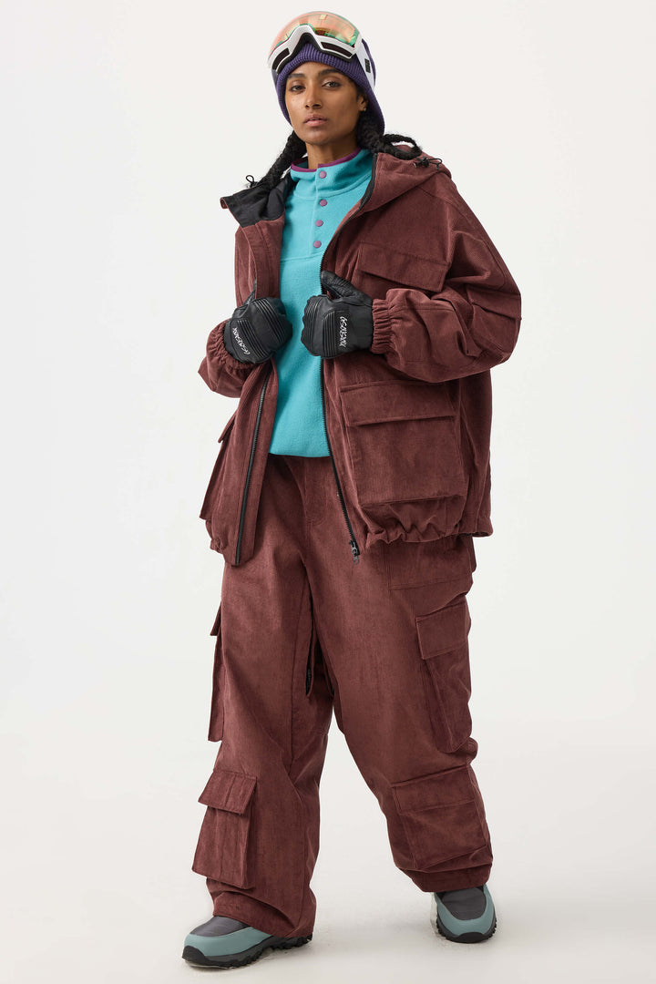 Women's Burgundy Baggy Multi-Pocket Corduroy Snow Pants