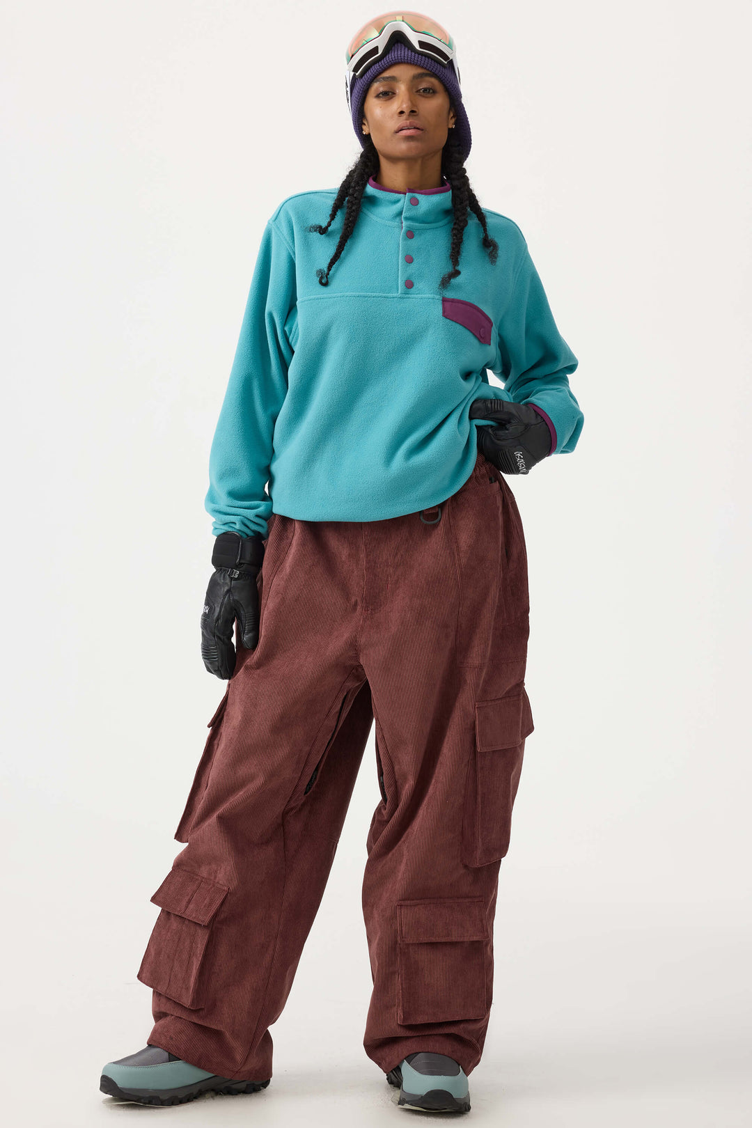 Women's Burgundy Baggy Multi-Pocket Corduroy Snow Pants