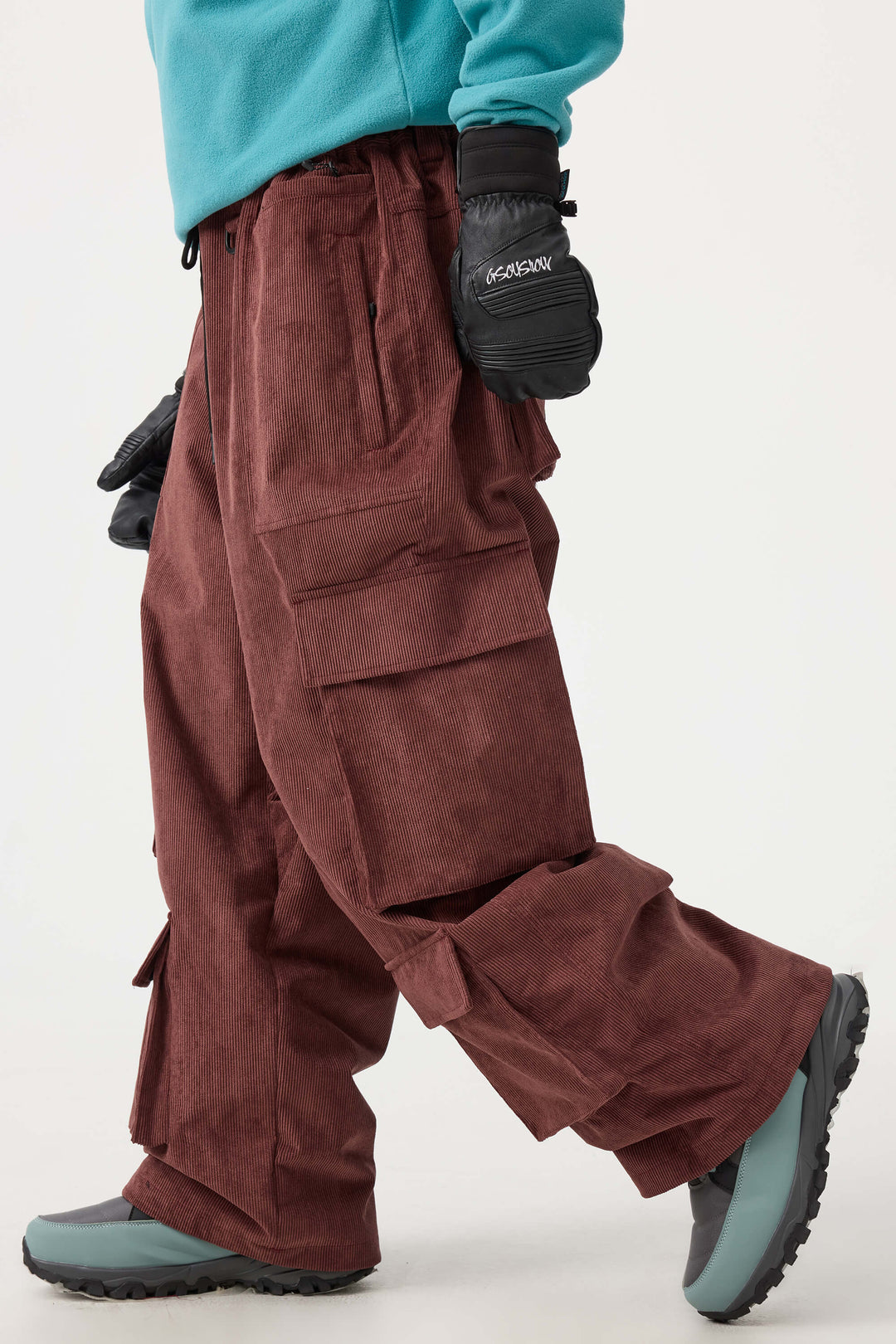 Women's Burgundy Baggy Multi-Pocket Corduroy Snow Pants