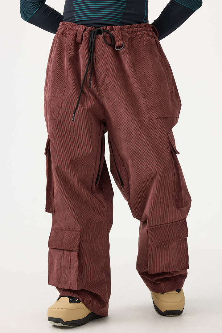 Men's Burgundy Baggy Multi-Pocket Corduroy Snow Pants