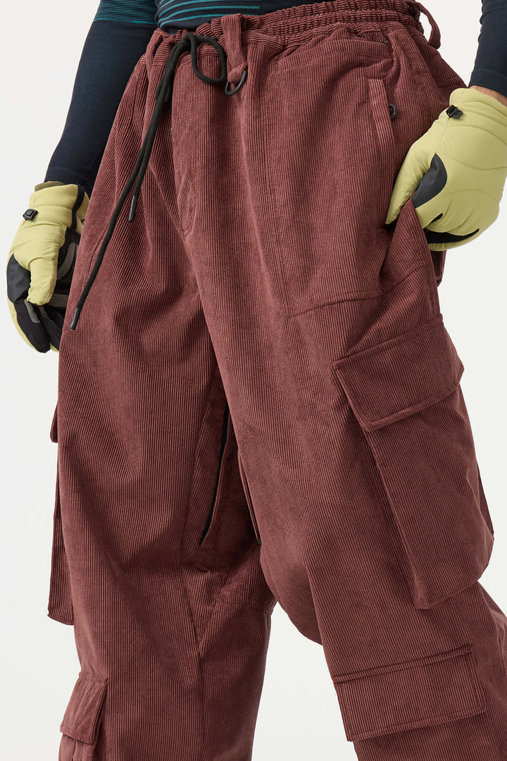 Men's Burgundy Baggy Multi-Pocket Corduroy Snow Pants