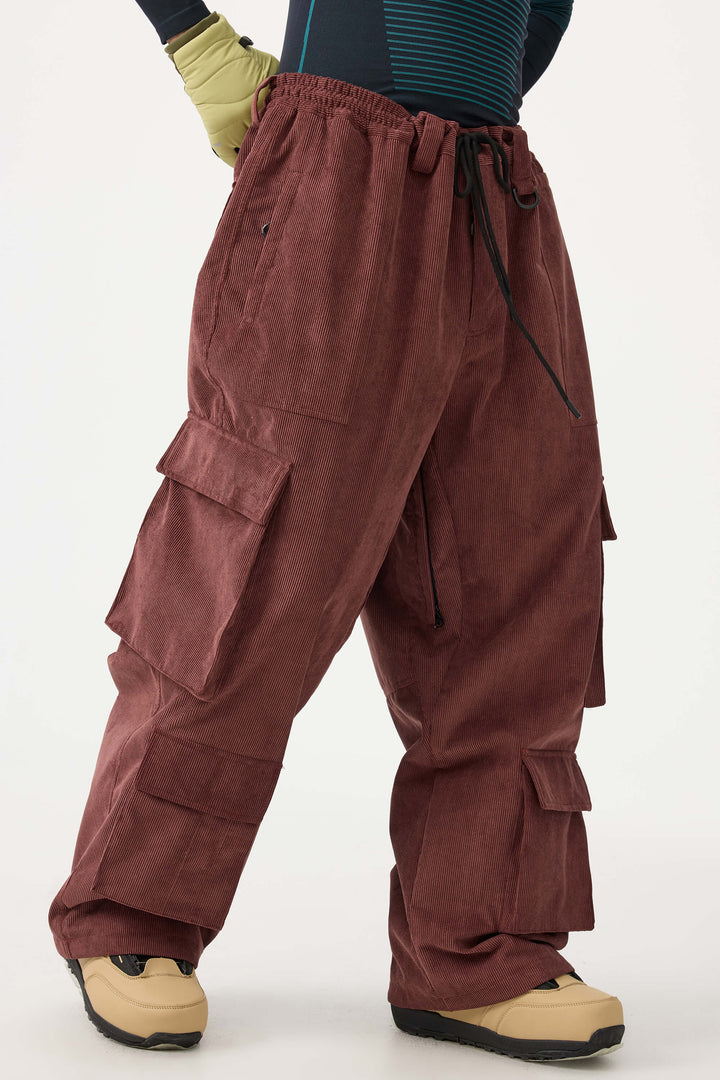 Men's Beige Baggy Multi-Pocket Corduroy Snow Pants