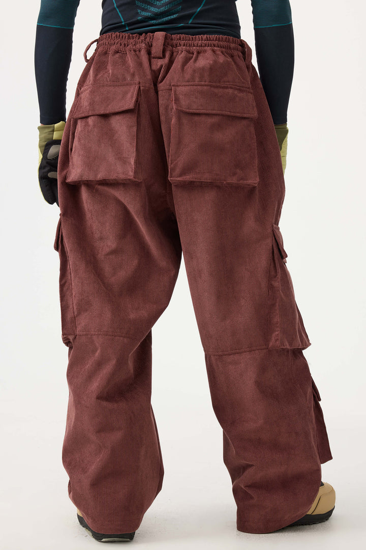 Men's Beige Baggy Multi-Pocket Corduroy Snow Pants