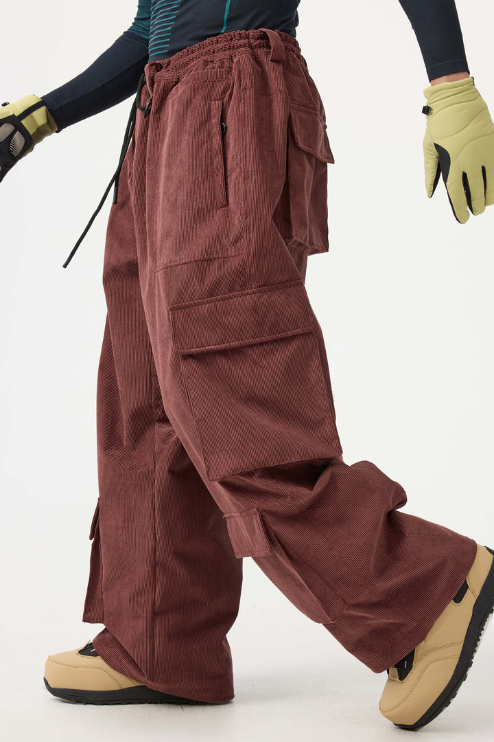 Men's Burgundy Baggy Multi-Pocket Corduroy Snow Pants