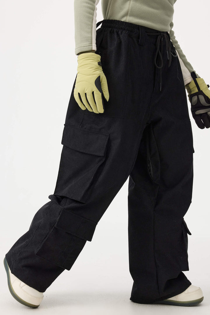 Women's Black Baggy Multi-Pocket Corduroy Snow Pants