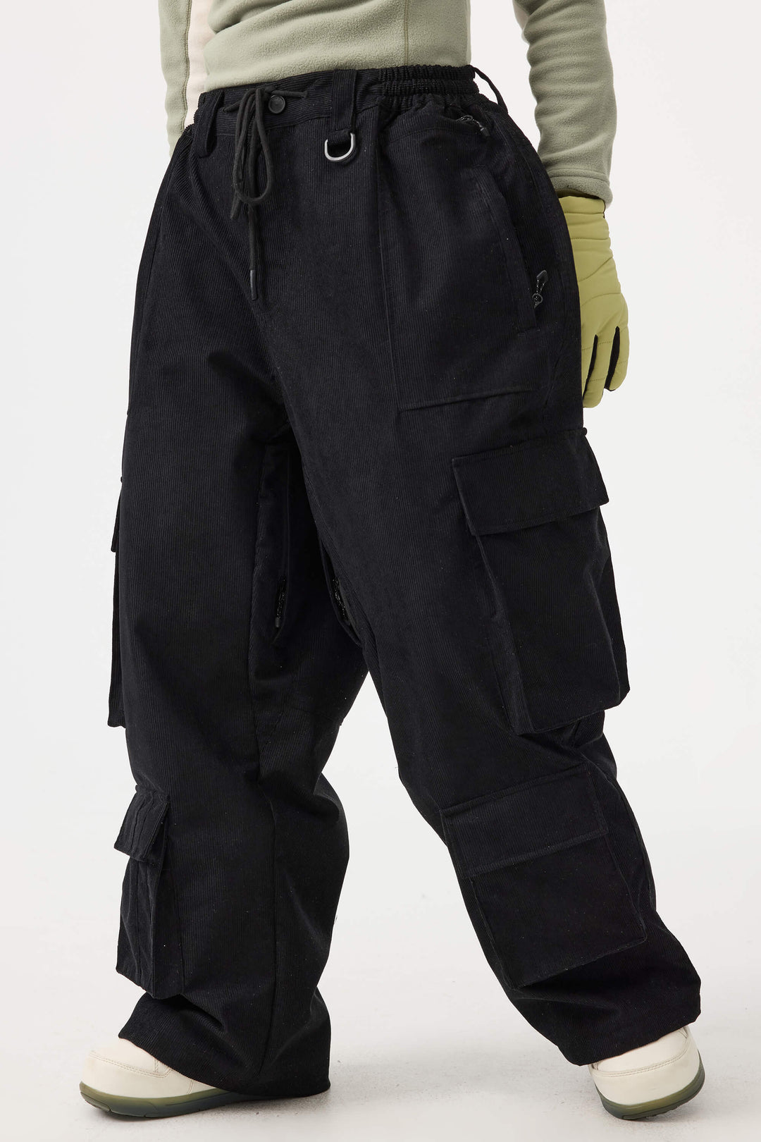 Women's Black Baggy Multi-Pocket Corduroy Snow Pants