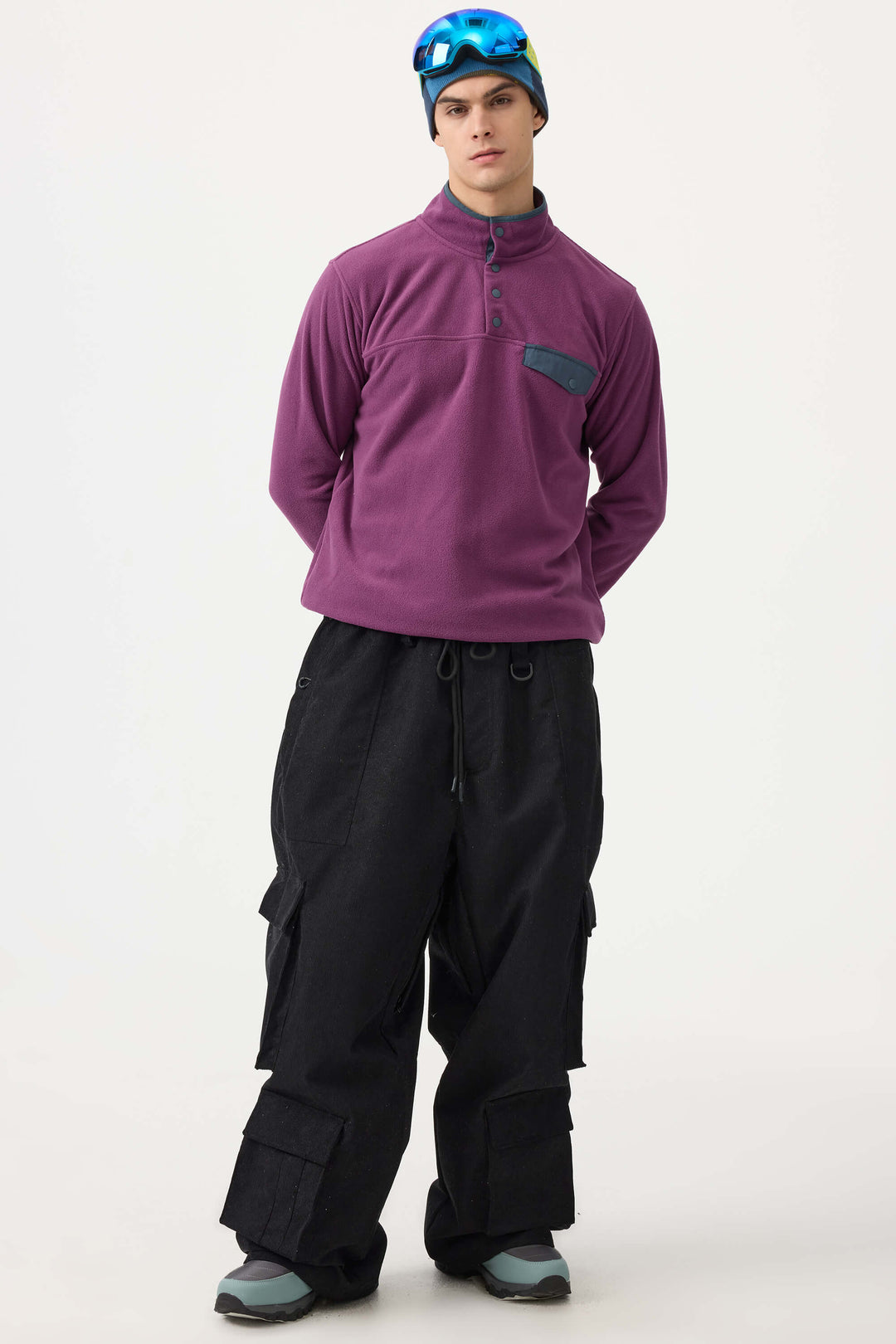 Men's Burgundy Baggy Multi-Pocket Corduroy Snow Pants