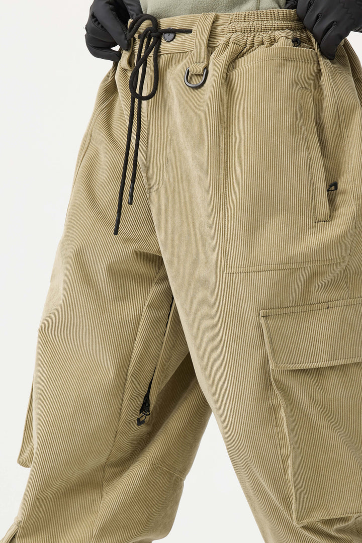 Women's Beige Baggy Multi-Pocket Corduroy Snow Pants