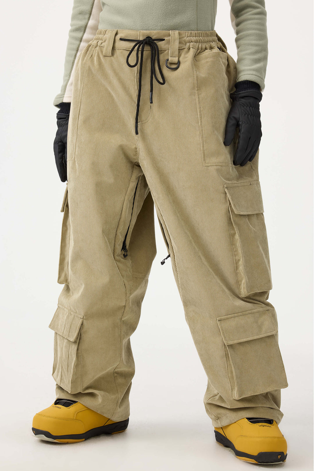 Women's Beige Baggy Multi-Pocket Corduroy Snow Pants