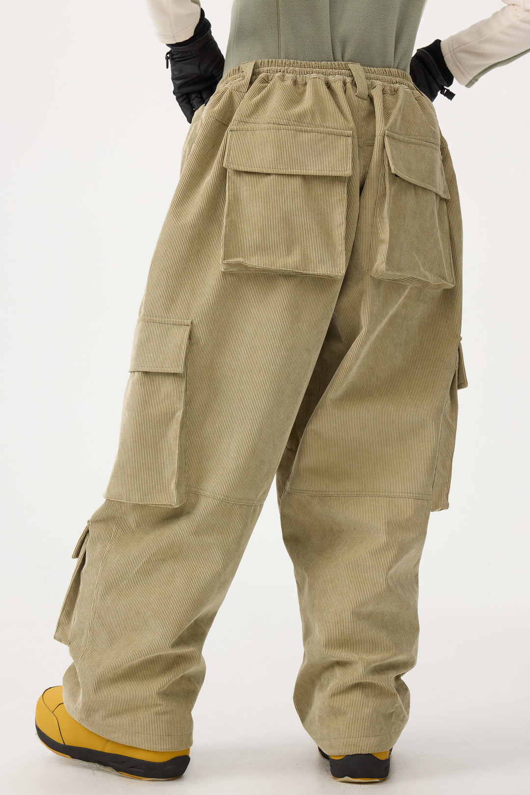 Women's Khaki Baggy Multi-Pocket Corduroy Snow Pants