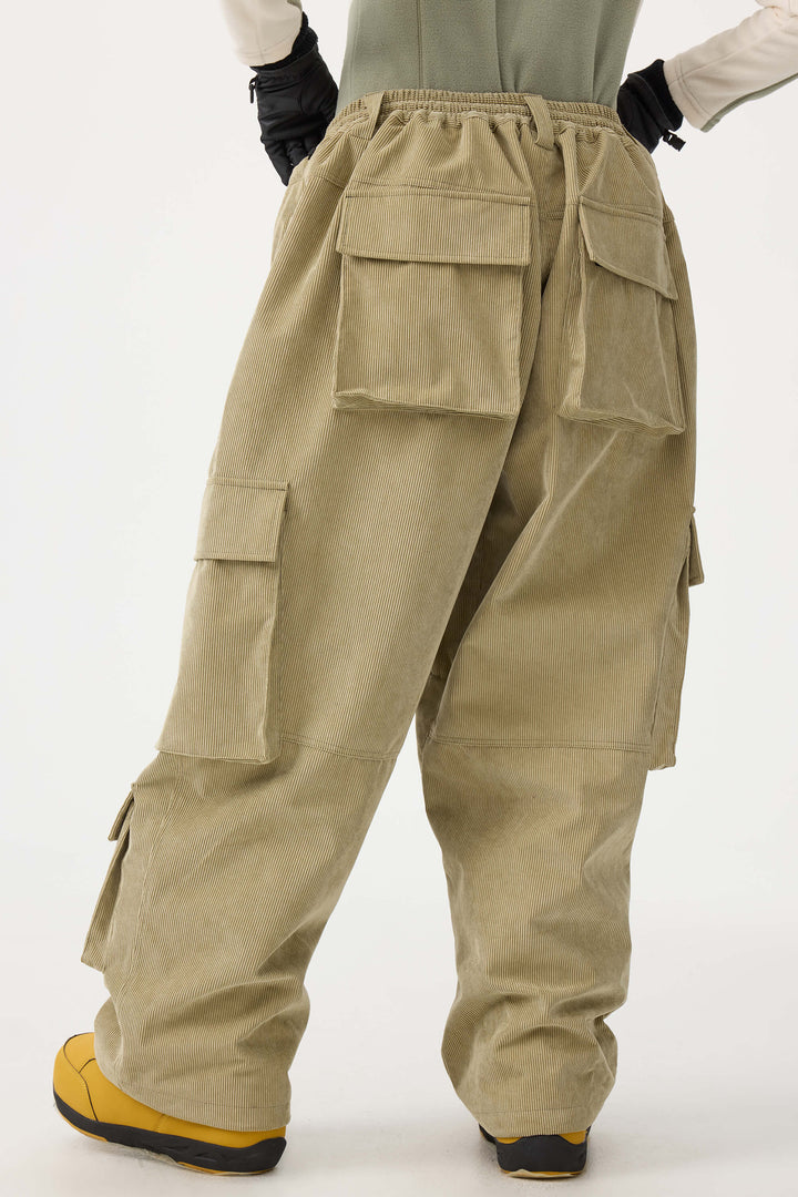 Women's Beige Baggy Multi-Pocket Corduroy Snow Pants