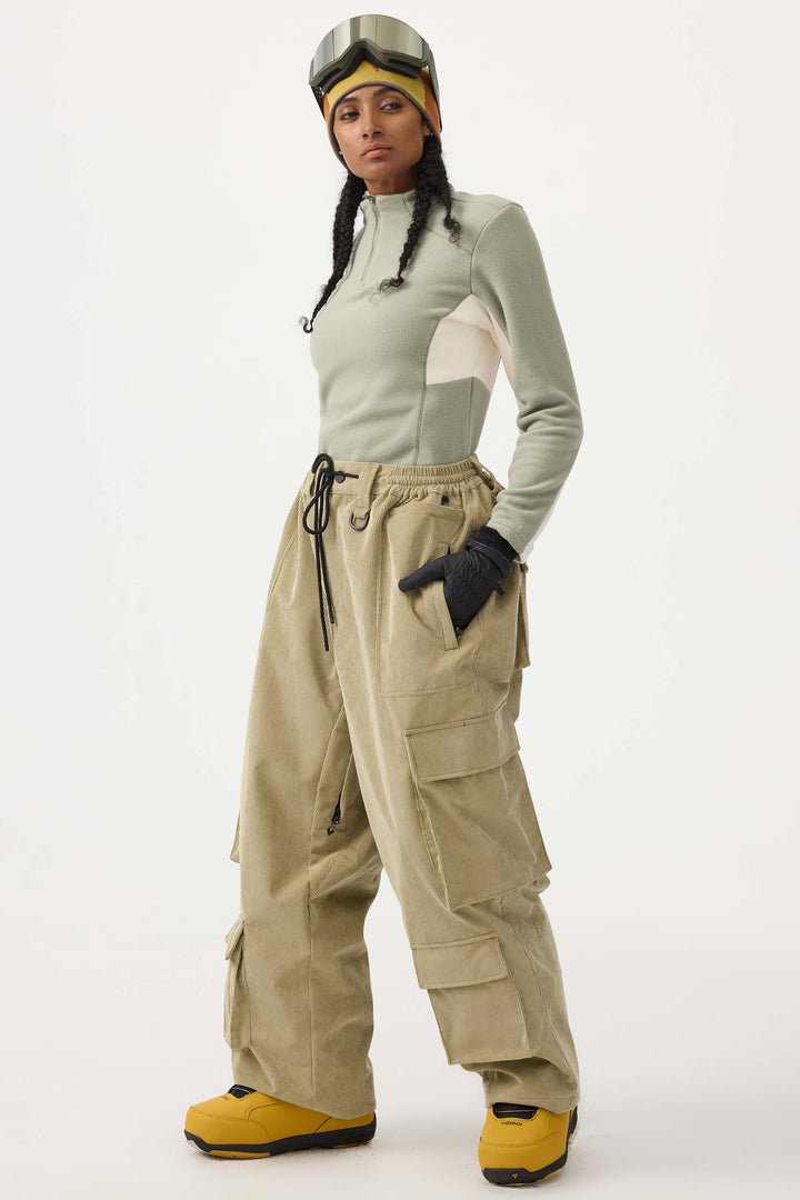 Women's Khaki Baggy Multi-Pocket Corduroy Snow Pants