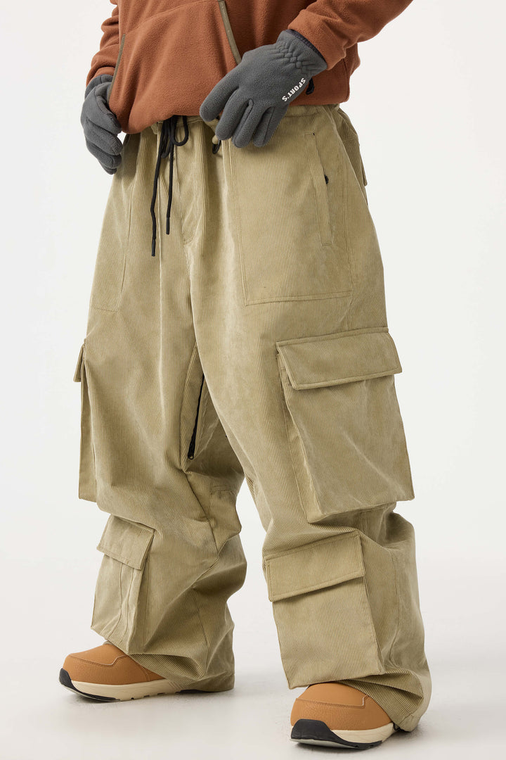 Men's Beige Baggy Multi-Pocket Corduroy Snow Pants