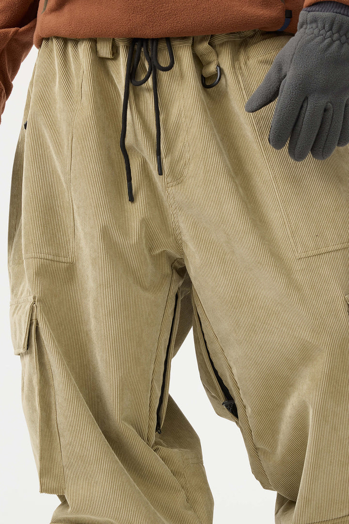 Men's Beige Baggy Multi-Pocket Corduroy Snow Pants