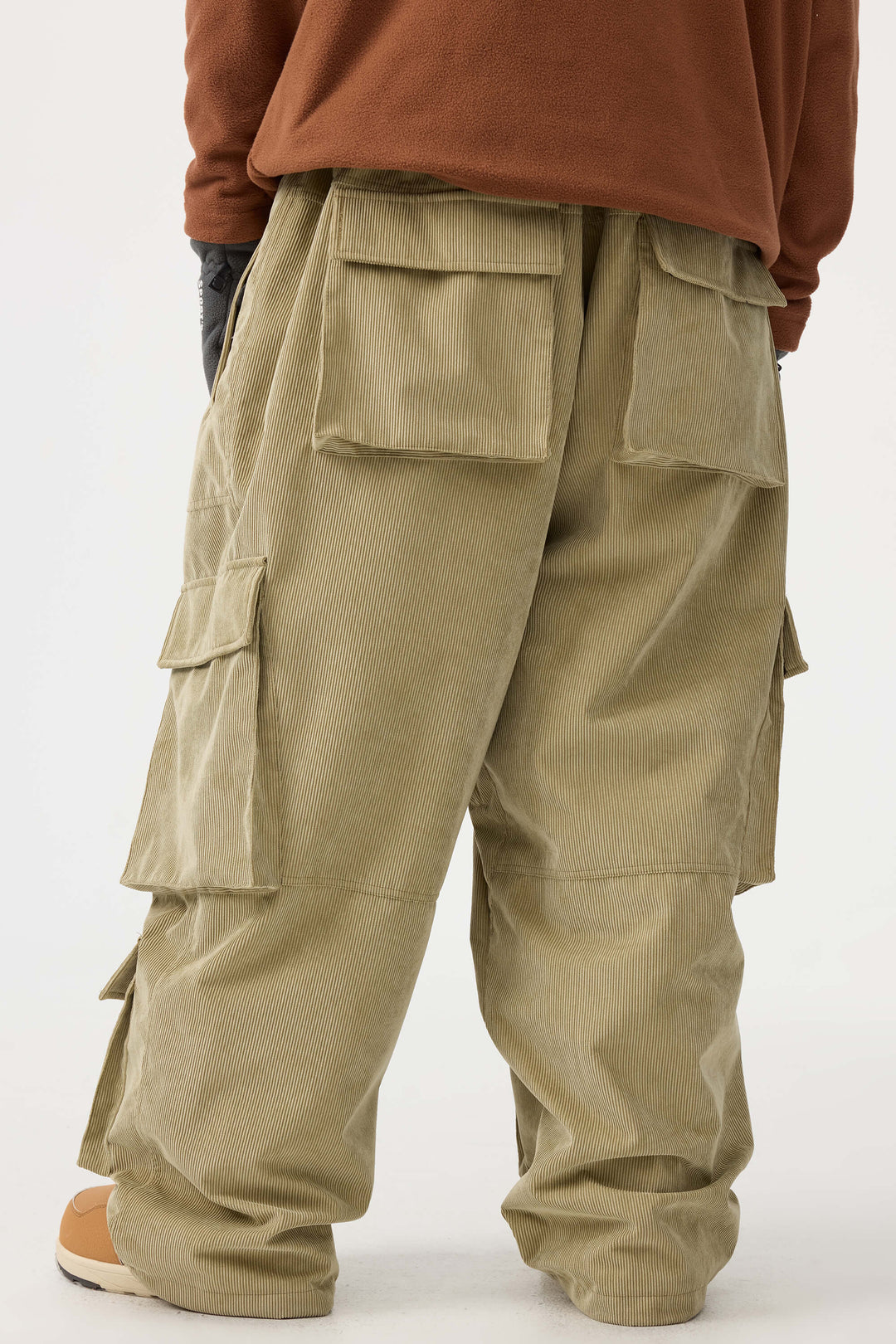 Men's Beige Baggy Multi-Pocket Corduroy Snow Pants