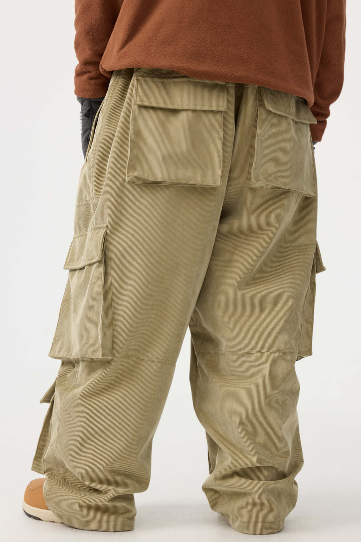 Men's Beige Baggy Multi-Pocket Corduroy Snow Pants